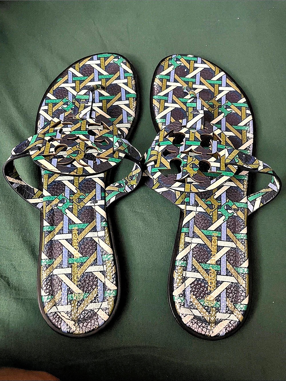 Tory Burch Miller Geometric Printed Sandals Green & Navy Blue and Olive Green